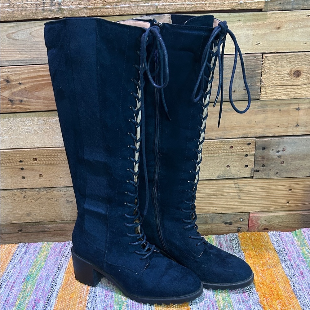 Dk Blue/Dk Teal, suede feel side zip, lace up boots, size 8, worn twice.